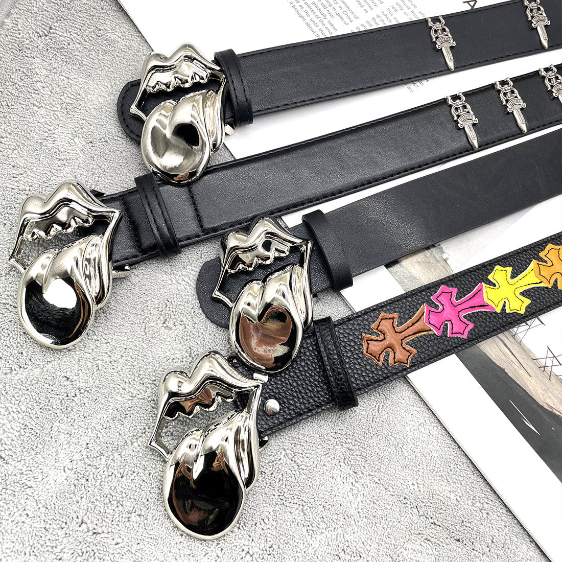 Chh Chrome Heart Belt Big Tongue Buckle Lychee Pattern